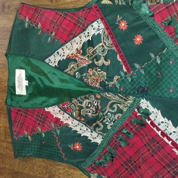 Vintage Lined Corduroy Plaid Embroidered Christmas Vest Patchwork M - Picture 2 of 6